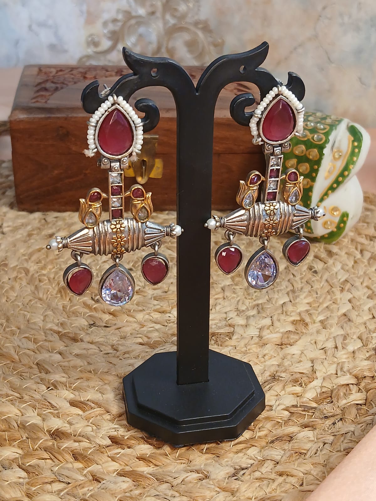 Rukmini Maroon White Earrings