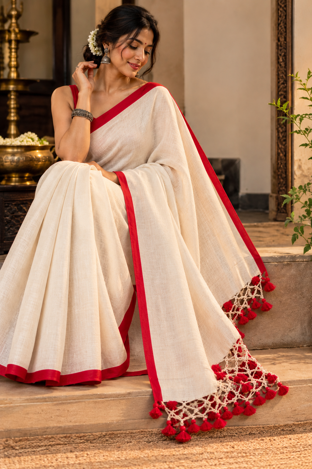 Sharvari Off-White Handloom Saree with Red Border Aadya's Fashion Blings
