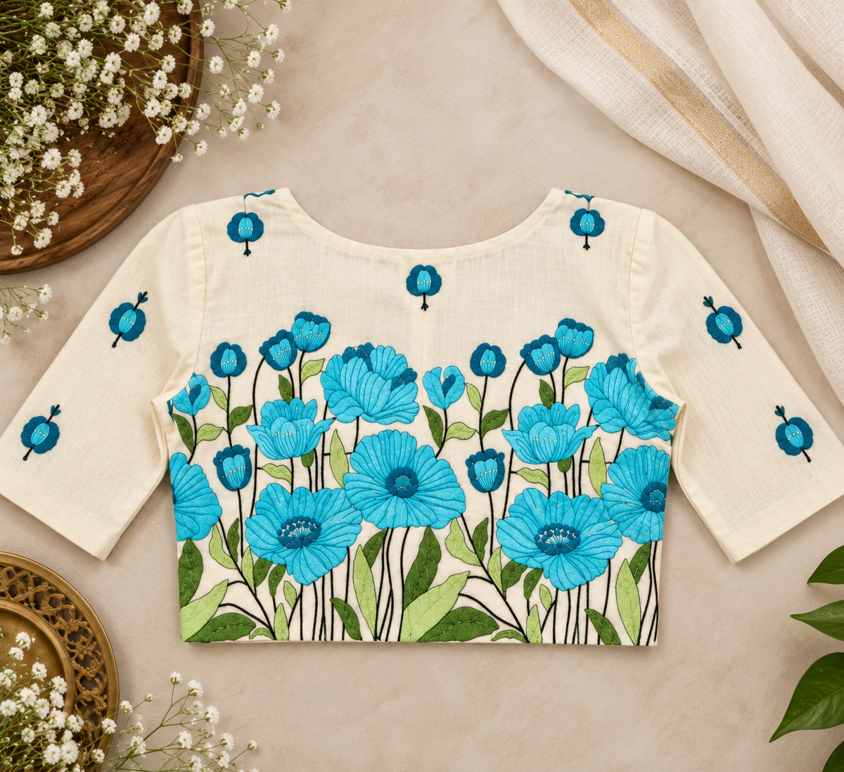 Shiba Blue Korra Back Embroidery Blouse Aadya's Fashion Blings