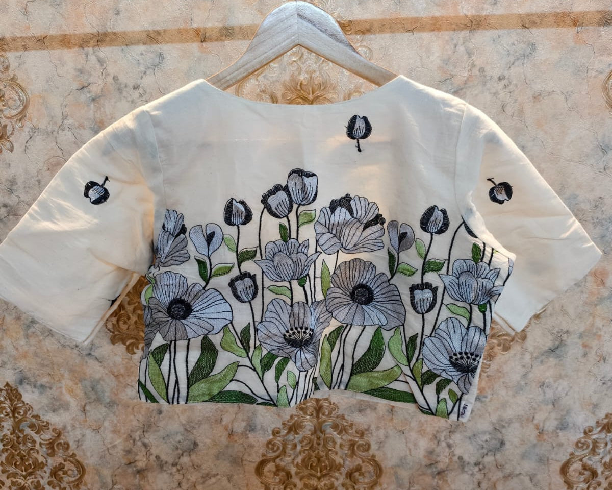 Ivory Embroidered Cotton Blouse Aadya's Fashion Blings