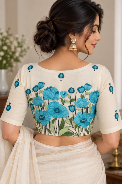 Shiba Blue Korra Back Embroidery Blouse Aadya's Fashion Blings